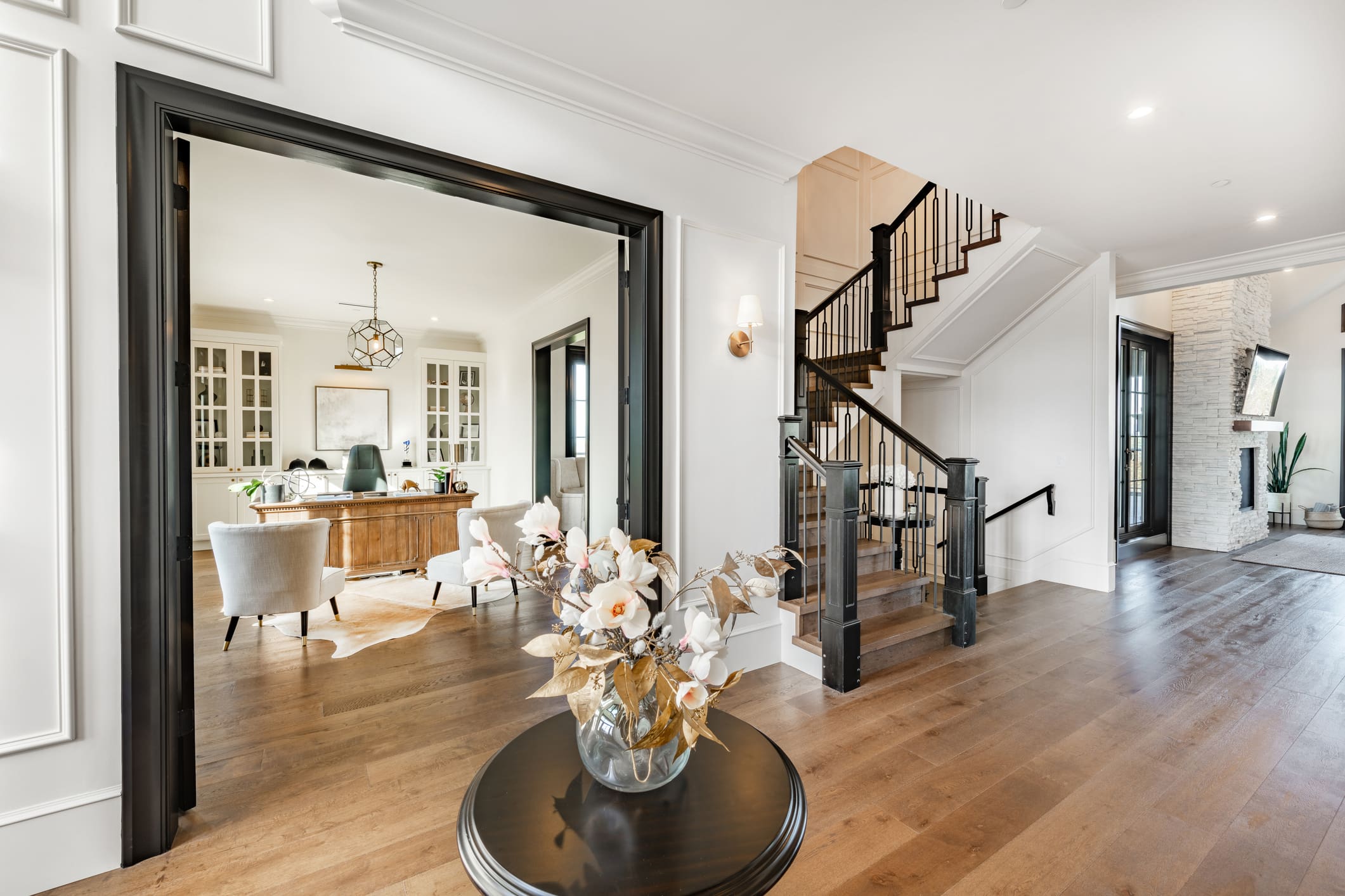 Elegant living area with staircase