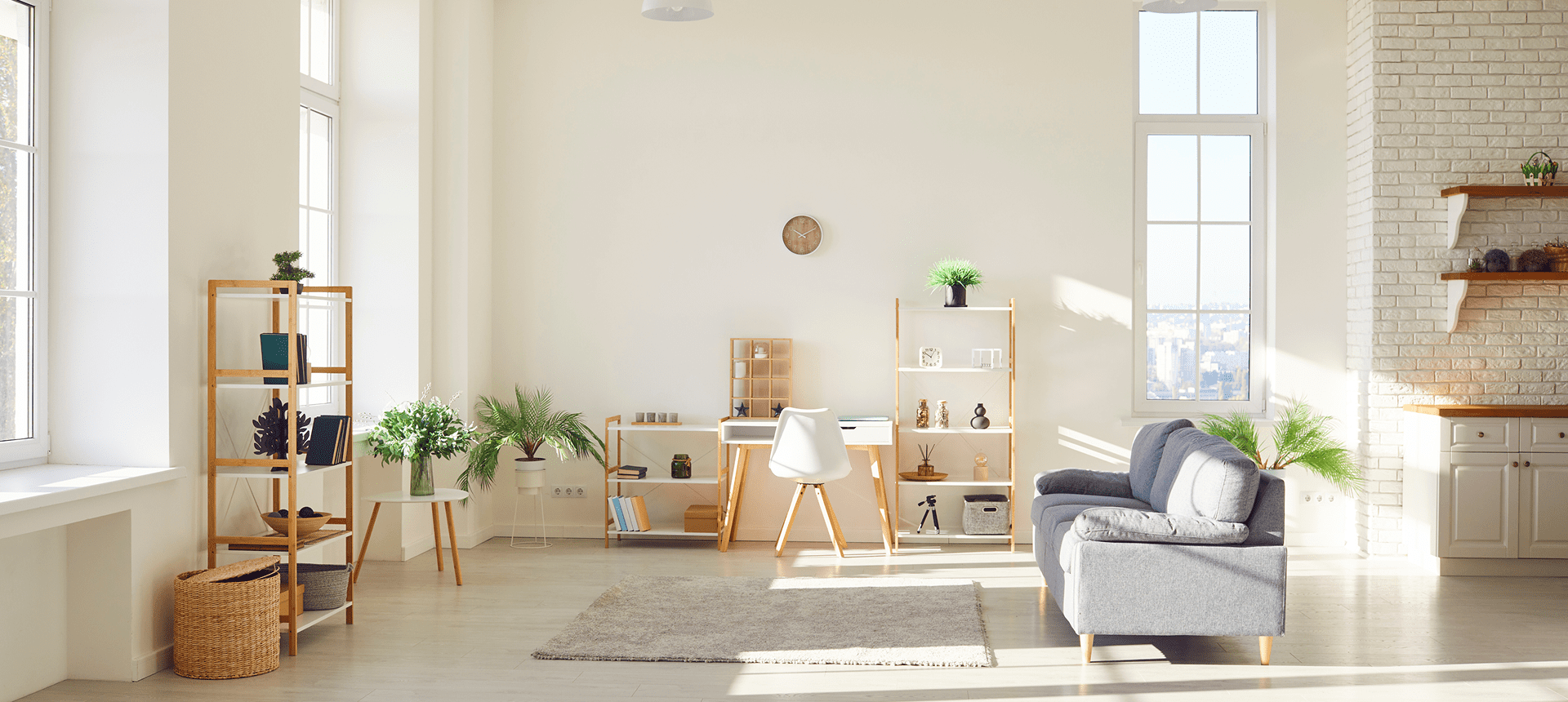 Modern living space with wooden furniture