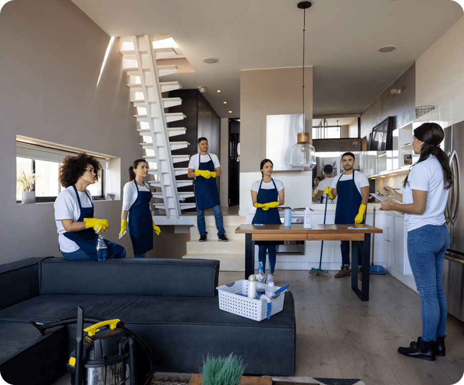 Cleaning team meeting in modern living room
